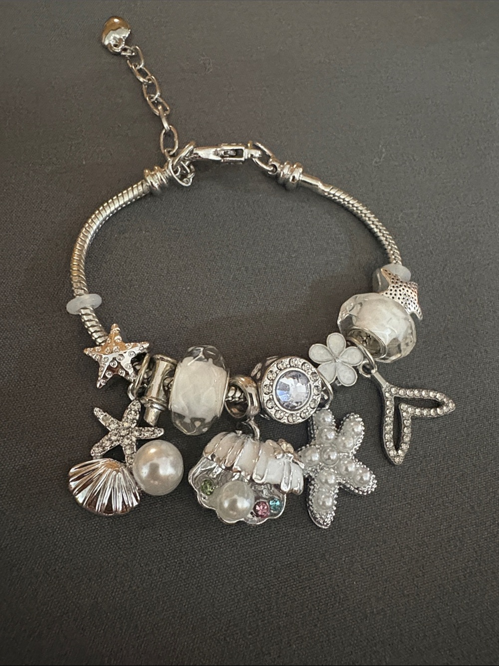 Silver White Charm Bracelet with Pearls and Crystals